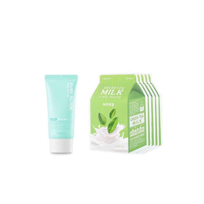 A'PIEU - Milk One Pack Sheet Mask - Green Tea - 5pcs + Pure Block Aqua Sun Gel SPF50+ PA+++ (1ea) Set