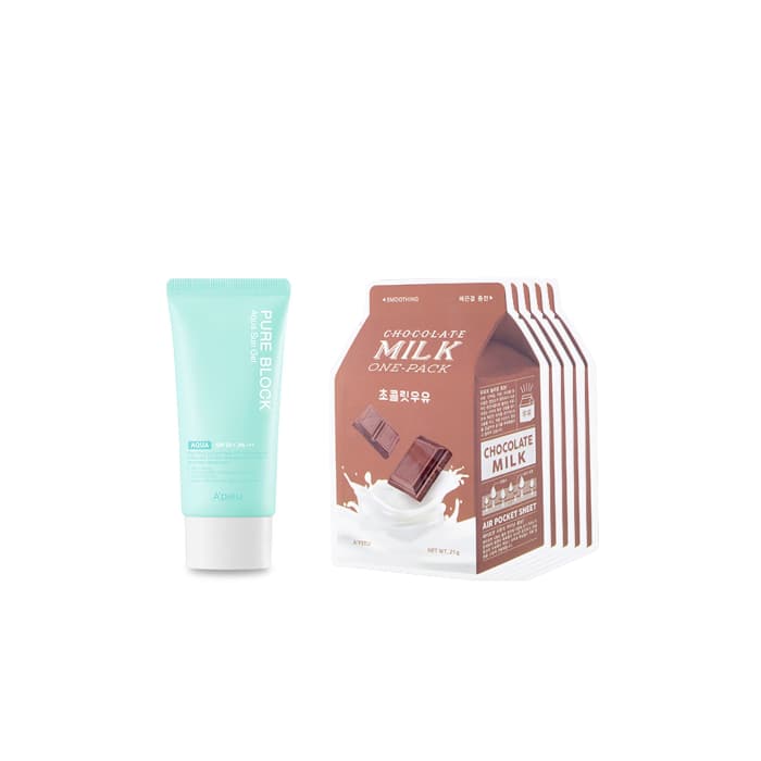 A'PIEU - Milk One Pack Sheet Mask - Chocolate - 5pcs + Pure Block Aqua Sun Gel SPF50+ PA+++ (1ea) Set