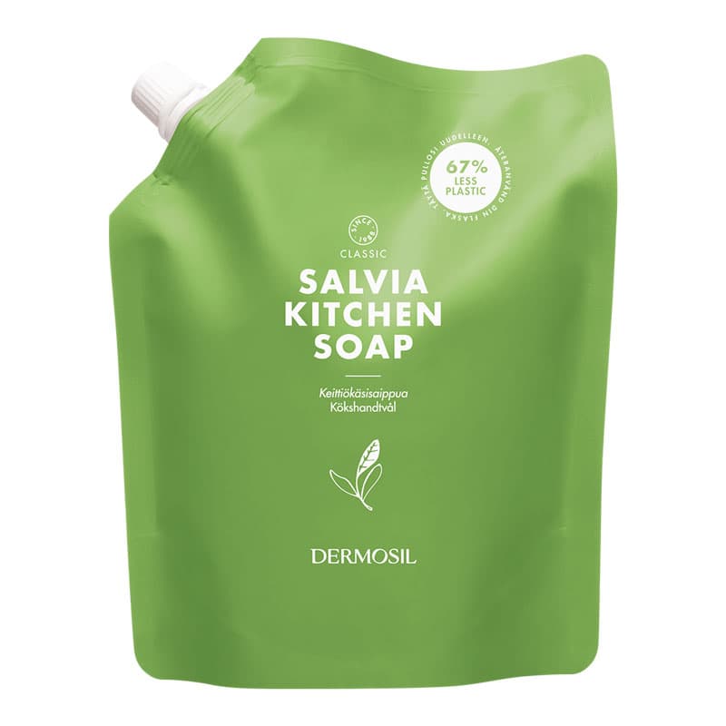 Salvia Keittiökäsisaippua Täyttöpussi - Raikkaan yrttinen keittiösaippua, nopeasti huuhtoutuva koostumus