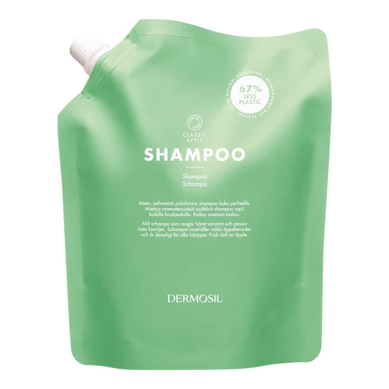 Apple shampoo täyttöpussi - mieto ja raikas omenasampoo, sopii kaikille hiuslaaduille, ympäristöystävällinen valinta