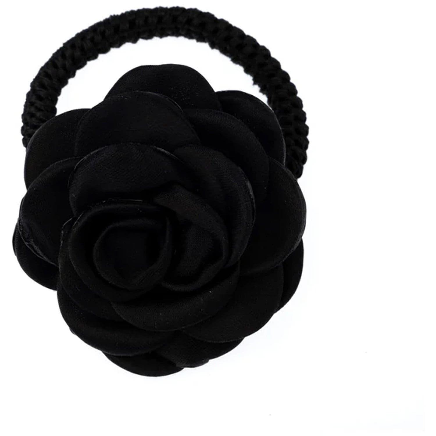 Dark Satin Rose Hair Tie Black