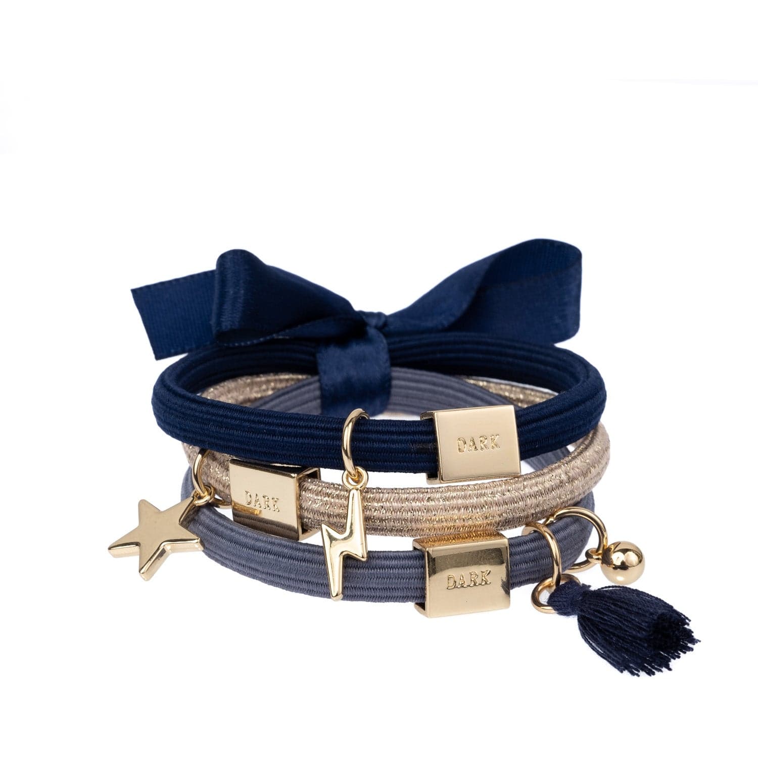 Dark Hair Ties Charm Combo Navy Blues W/Gold - 3 pcs